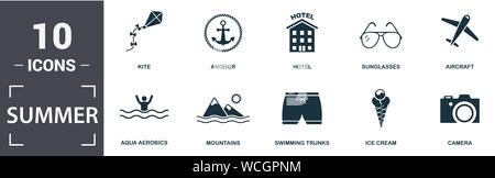 L'icône d'été ensemble. Télévision, appareil photo rempli contiennent des lunettes de soleil, avion, hôtel, maillot de bain, crème glacée d'icônes. Format modifiable Banque D'Images