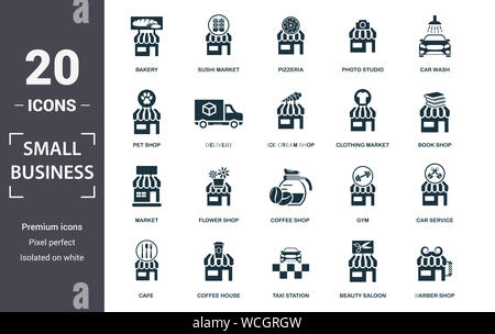 Small Business icon set. Télévision, marché remplis contiennent la station de taxi, lavage de voiture, magasin de crème glacée, une boulangerie, une librairie, un salon de coiffure d'icônes. Format modifiable Banque D'Images