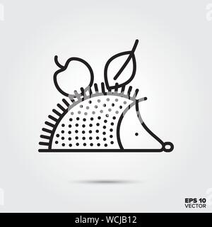 Hedgehog portant des feuilles et Apple dans son style du contour des pointes de vecteur. Saison d'automne et la nature symbole. Illustration animal mignon. Illustration de Vecteur
