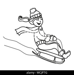 Girl sledding - illustration dessiné à la main Banque D'Images