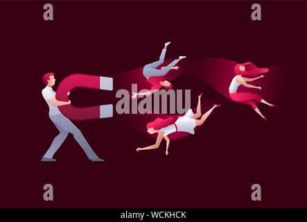 Un homme attire des gens avec un gros aimant. Concept illustration vectorielle. Illustration de Vecteur