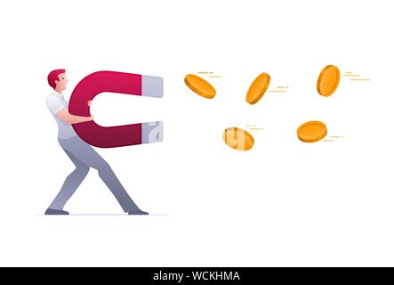 Homme attirant des pièces avec un gros aimant. Concept illustration vectorielle. Illustration de Vecteur