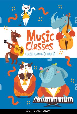 Cours de musique vecteur ou leçons d'affiches avec des animaux marrants à jouer de la musique Illustration de Vecteur