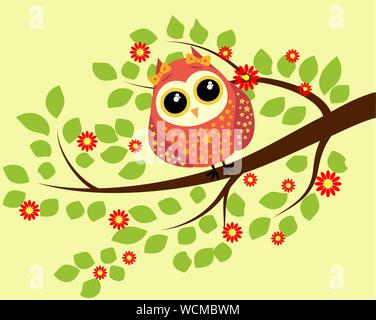 Bright cute cartoon owl assis sur les branches fleuries des arbres fantastiques Illustration de Vecteur