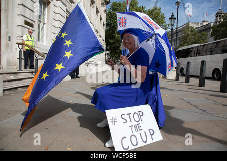 Brexit anti manifestants brandissant des drapeaux de l'Union européenne et l'autre avec un coup d'arrêt de la plaque à l'extérieur de l'armoire Bureau à Westminster comme il est annoncé que Boris Johnson a eu sa demande de suspendre le Parlement a approuvé par la Reine le 28 août 2019 à Londres, Angleterre, Royaume-Uni. L'annonce de la suspension du Parlement pendant environ cinq semaines à l'avance a Brexit restent partisans furieux qui pense que c'est un sinistre projet d'arrêter le débat concernant une éventuelle aucune affaire. Banque D'Images