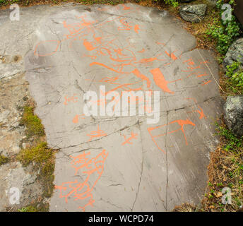 L'art rupestre dans le fjord d'Alta, Norvège. D'anciens symboles, du vrai dessin, la texture de la pierre. Peinture à l'ocre rouge. Les droits de chasse sur les animaux de Virginie. Groupe de pétroglyphes, Banque D'Images