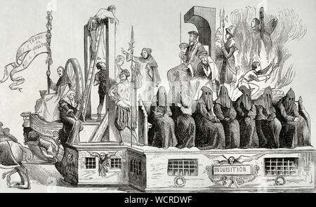 La pacification de Gand. Déclaration signée le 8 novembre 1576, par lequel les provinces du nord et du sud des Pays-Bas mettent de côté leurs différences religieuses et united en révolte contre l'Espagne. Procession commémorative du troisième centenaire de la Pacification de Gand, célébré dans cette ville. Allégorie de l'Inquisition espagnole ou Tribunal du Saint-office. La gravure. La Ilustracion Española y Americana, le 30 septembre 1876. Banque D'Images