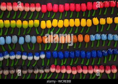 Sélection de tulipes multicolores colorées en forme de fleurs en souvenir des aimants de réfrigérateur de détail Affichage à Amsterdam, Pays-Bas Banque D'Images