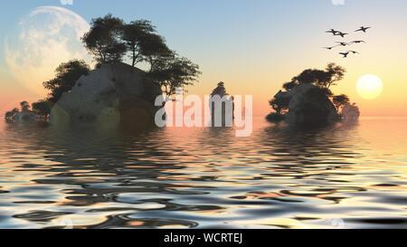 Lever ou coucher du soleil avec la lune et les îlots rocheux Banque D'Images