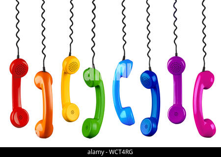 Rangée de couleur arc-en-ciel coloré old fashioned retro phone destinataire avec un câble téléphonique noir isolé sur fond blanc, la communication d'entreprise hp Banque D'Images