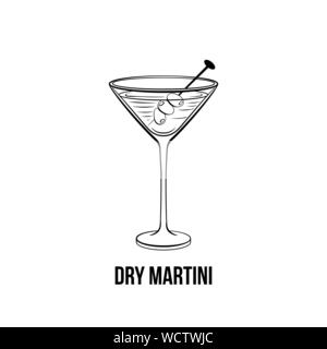 Dry Martini vector illustration noir et blanc. Boisson alcoolisée aux olives sur stick. Boissons en monochrome verrerie dessin à l'encre. Night club cocktail. Menu de bar, élément de design de l'affiche Illustration de Vecteur