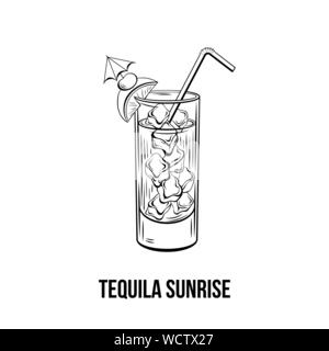 Tequila Sunrise illustration noir et blanc. Cocktail juteux avec de la glace, de cerise et de tranche d'orange sur le verre à l'encre. Des boissons rafraîchissantes, des liqueurs fortes. Menu de restaurant, élément de design de l'affiche Illustration de Vecteur