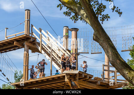 Les gens sur un arbre haut Go Ape dans Battersea Park, Londres Banque D'Images