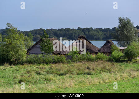 Toit de chaume historique maisons dans le village de Hedeby viking sur les rives de la rivière Schlei, dans le Nord de l'Allemagne, copy space Banque D'Images