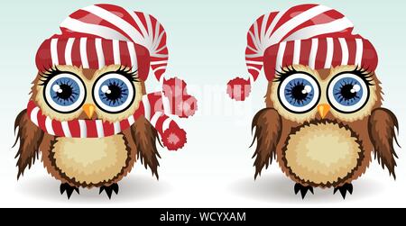 Deux petits hiboux mignon dans des vêtements d'hiver : les chapeaux et foulards à rayures rouge avec un pompon, un hibou d'hiver, l'abri du froid Illustration de Vecteur