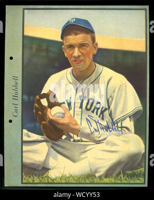 Portrait couleur autographiée de joueur de baseball Hall of Fame Carl Hubbell avec les Giants de New York vers 1930. Banque D'Images