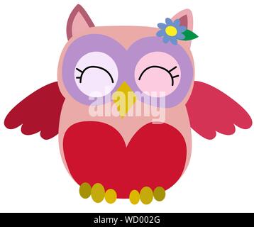 Joli sourire rose hibou avec une fleur de lilas sur l'oreille Illustration de Vecteur