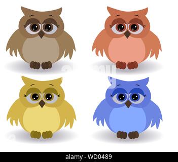 Un ensemble de quatre hiboux multicolore triste avec des yeux surpris et distribués wings Illustration de Vecteur