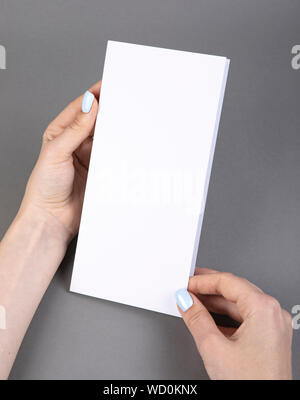 Une femme holding white brochure. Modèle d'identité Banque D'Images