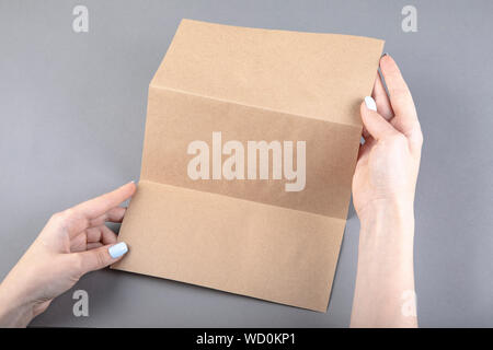 Une femme holding white brochure. Modèle d'identité Banque D'Images