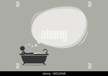 Penser l'homme en prenant un bain dans la baignoire avec une grosse bulle vide de nuages. Les images vectorielles dépeint douche pensée, idée, compréhension, contemplant, re Illustration de Vecteur