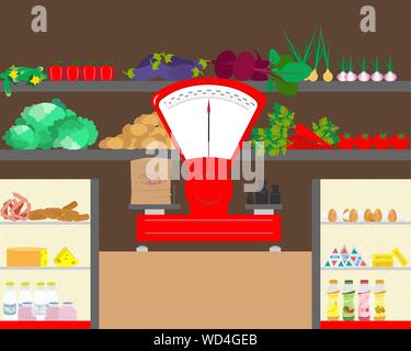 Un magasin de détail, avec les produits laitiers et les légumes. Compteur avec des poids. Vector illustration. Illustration de Vecteur