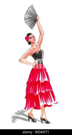 Une espagnole à danser le Flamenco. Encre et aquarelle illustration Banque D'Images