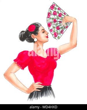 Belle femme espagnole à danser le Flamenco. Encre et aquarelle illustration Banque D'Images