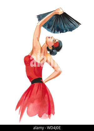 Belle femme en robe rouge avec ventilateur. Encre et aquarelle illustration Banque D'Images