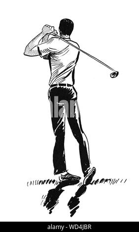 Sportsman en jouant au golf. Dessin noir et blanc Encre Banque D'Images