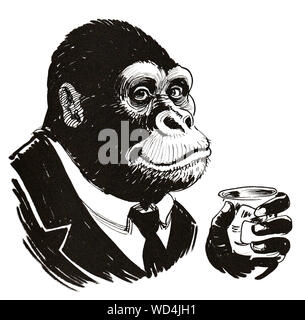 Chimpanzé avec un verre de whisky. Dessin noir et blanc Encre Banque D'Images