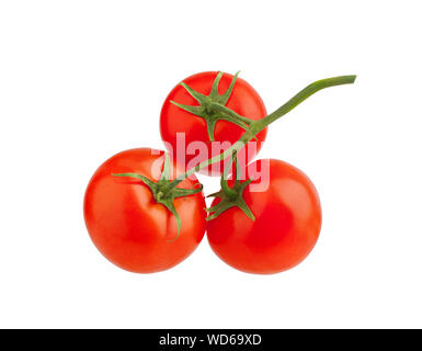 Trois rouges tomates mûres avec des feuilles vertes sur une branche isolée sur fond blanc close up, de belles tomates cerises rouges bouquet, élément de conception Banque D'Images