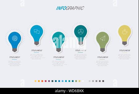 Infographie ampoules modèle. 6 options design avec de belles couleurs. Calendrier des présentations pour des éléments de scénario. Illustration de Vecteur