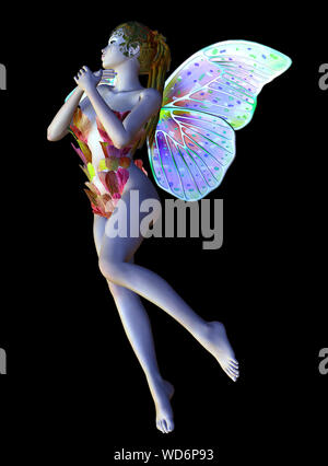 L'image reconstruite numériquement d'une belle fleur fée voler sur fond noir. Banque D'Images