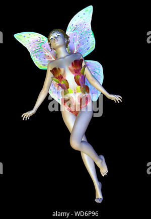 L'image reconstruite numériquement d'une belle fleur fée voler sur fond noir. Banque D'Images