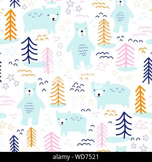 Les ours dans la forêt modèle transparente hand drawn vector illustration. La répétition de style scandinave nature animale Contexte en bleu, jaune, orange, rose Illustration de Vecteur