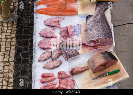 Argyrosomus regius, également connu sous le nom de maigres, croaker, jewfish, ombre-poisson, corvina en vente sur le marché des aliments de Livramento ville de Setubal, Portugal Banque D'Images