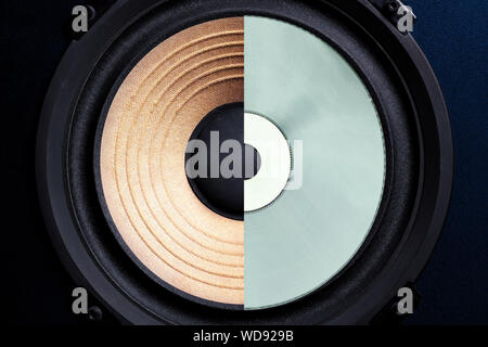 La production d'enregistrements de musique concept. Haut-parleur de la tête recouverte par les supports d'enregistrement du disque compact. Ancienne école de la technologie numérique Banque D'Images