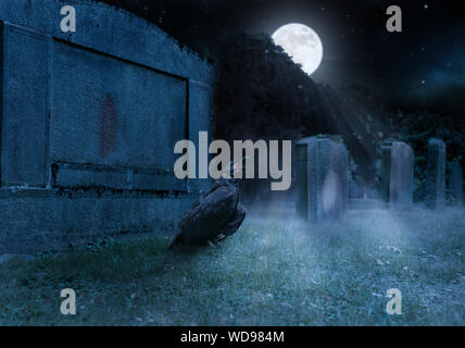 Crow se trouve sur un cimetière en face d'une pierre tombale Banque D'Images