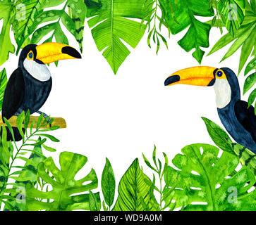 Les feuilles tropicales aquarelle et des toucans Banque D'Images