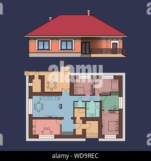 Façade de l'architecture et le plan d'une maison. Vues d'un étage de chalet. Vector illustration réaliste sur fond bleu. EPS 10 Illustration de Vecteur