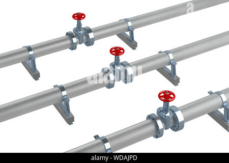 Trois pipelines avec soupapes isolé sur blanc. Le rendu 3D Banque D'Images