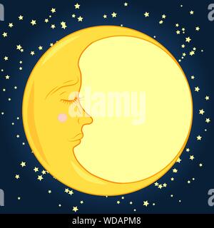 Mois complet avec un oeil fermé dans un ciel bleu nuit avec des étoiles Illustration de Vecteur