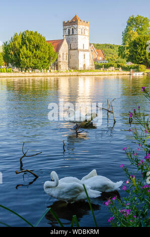 Une courte promenade le long de la Thames Path de Marlow, vous pouvez voir l'église All Saints à Bisham sur la Tamise. Banque D'Images