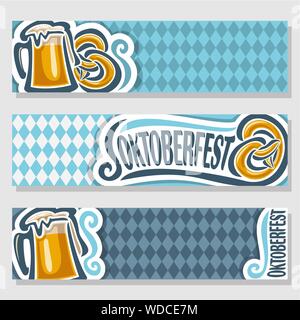 En-têtes de vecteur pour l'Oktoberfest, 3 bannières horizontales isolées : pint beer mug et bretzel. Oktoberfest bavarois avec motif losange bleu. Illustration de Vecteur