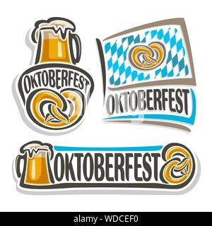 Logo vectoriel pour l'Oktoberfest, 3 illustrations isolées, pint beer mug et bretzel sur fond blanc. Oktoberfest bavarois d'un drapeau bleu avec losange. Illustration de Vecteur