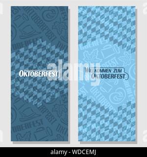 Bannières verticales vecteur pour l'Oktoberfest. Sur fond de losange bleu diamant - symboles de la bière Oktoberfest : mug, pretzel, chapeau tyrolien et maple lea Illustration de Vecteur