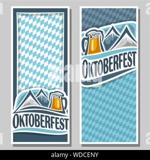 Invitation de vecteur pour l'Oktoberfest, isolé 2 bannière verticale : pint beer mug avec lager, montagnes des Alpes. Oktoberfest bavarois d'un drapeau bleu avec losange. Illustration de Vecteur