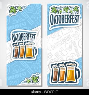 Bannières verticales vecteur pour l'Oktoberfest. Billet pour festival de Munich. Tasses en verre de bière sur fond de pretzel, chapeau tyrolien, feuilles de houblon. Illustration de Vecteur