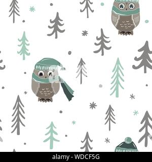 Forêt de Noël d'hiver avec les hiboux. Motif transparent vecteur Illustration de Vecteur